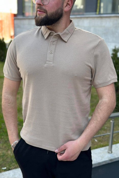 BUTTONS POLO NECK ONE COLOR MEN T-SHIRT BEIGE/BEZHE - KLAUDIO FASHION