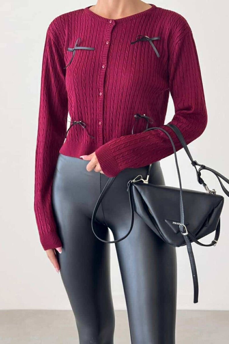 BUTTONS RIBBONS ONE COLOR WOMAN CARDIGAN BURGUNDY/VISHNJE - 2