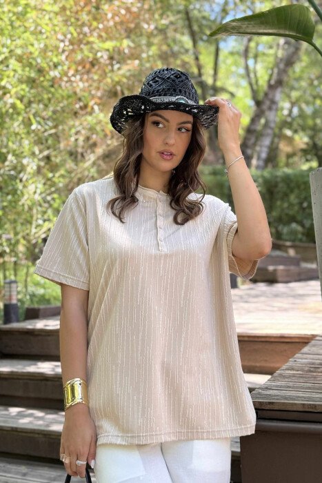 BUTTONS ROUND NECK ONE COLOR WOMEN T-SHIRT BEIGE/BEZHE - KLAUDIO FASHION