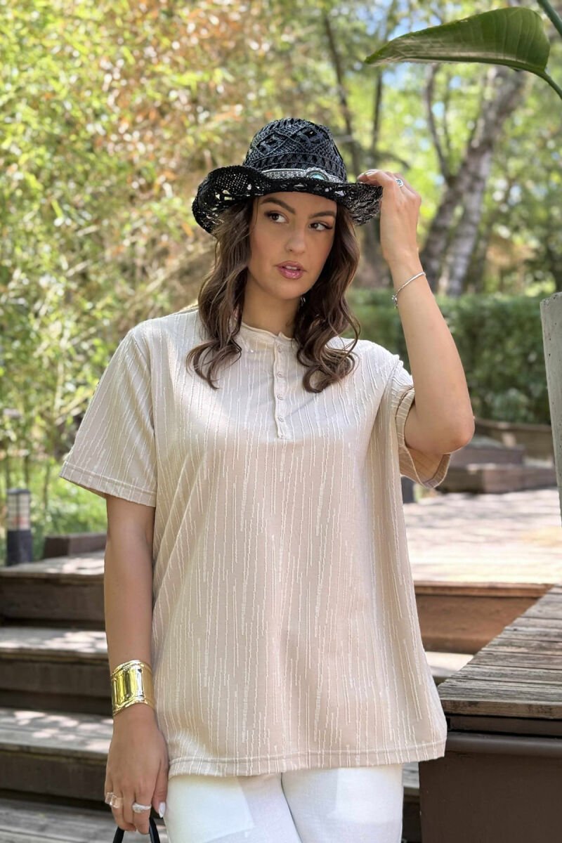 BUTTONS ROUND NECK ONE COLOR WOMEN T-SHIRT BEIGE/BEZHE - 1