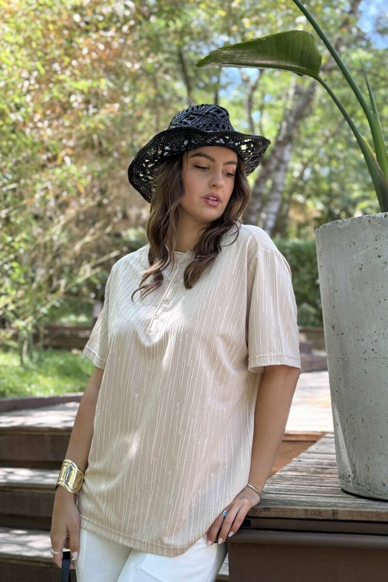 BUTTONS ROUND NECK ONE COLOR WOMEN T-SHIRT BEIGE/BEZHE - 2