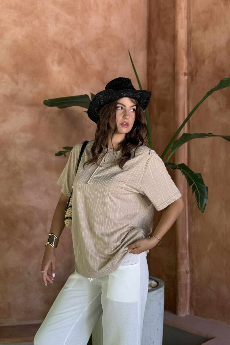 BUTTONS ROUND NECK ONE COLOR WOMEN T-SHIRT BEIGE/BEZHE - 3