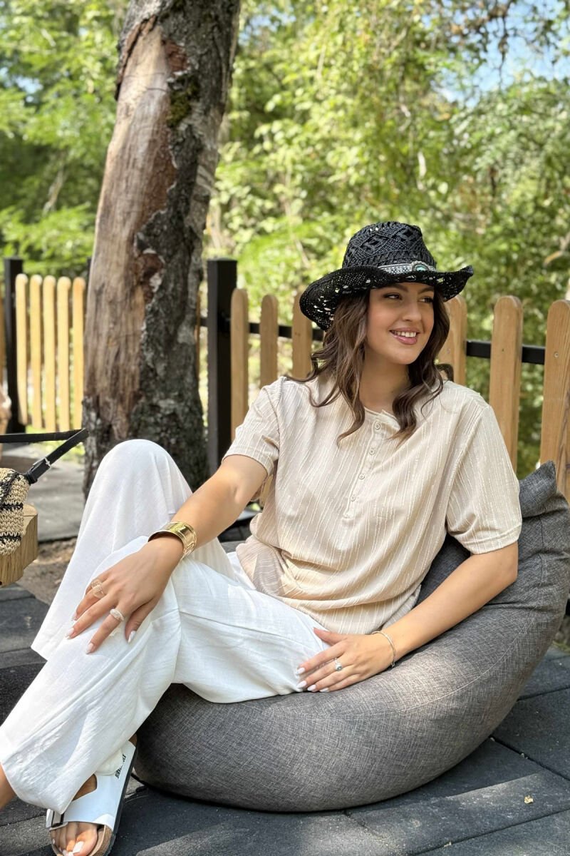 BUTTONS ROUND NECK ONE COLOR WOMEN T-SHIRT BEIGE/BEZHE - 4