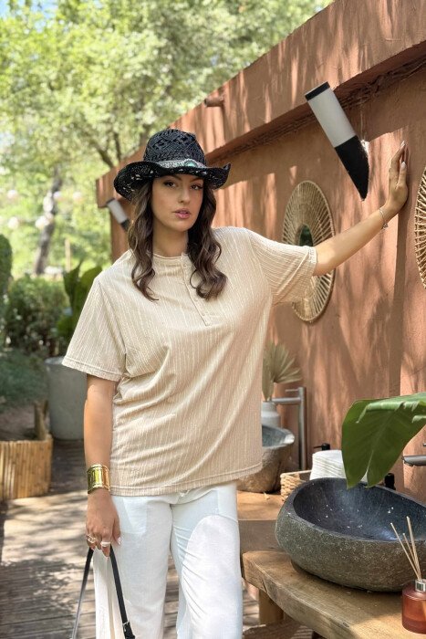 BUTTONS ROUND NECK ONE COLOR WOMEN T-SHIRT BEIGE/BEZHE - 6
