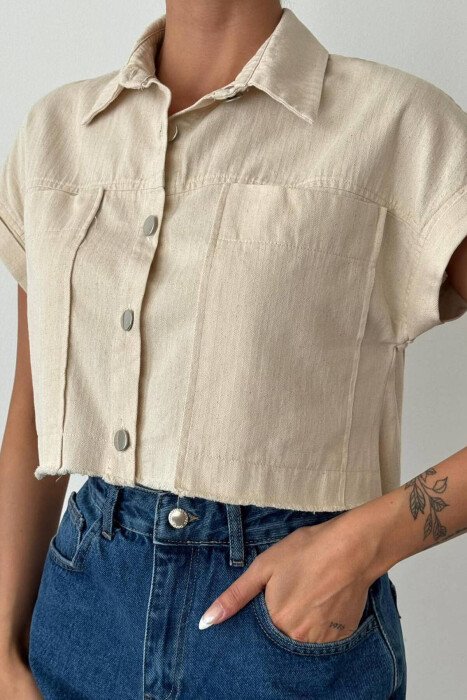 BUTTONS SHORT WOMAN SHIRT BEIGE/BEZHE - KLAUDIO FASHION