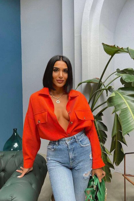 BUTTONS SIMPLE ONE COLOR WOMAN SHIRT ORANGE/PORTOKALLI - KLAUDIO FASHION