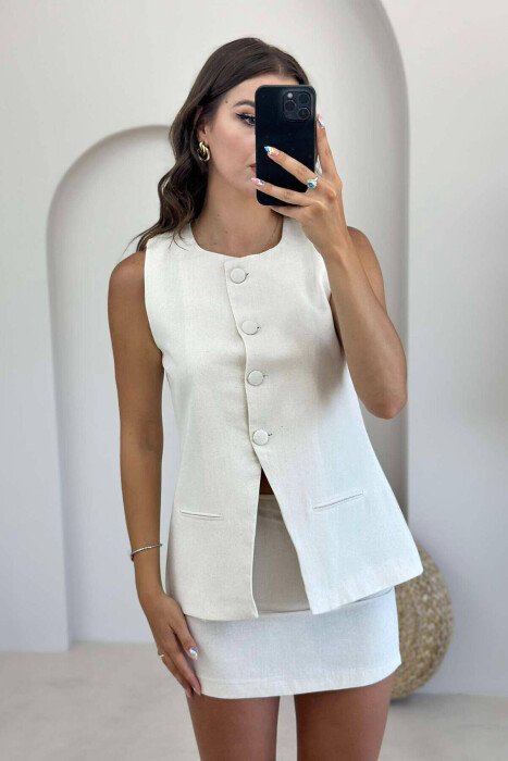 BUTTONS VEST AND SKIRT WOMAN SET CREAM/KREM - 4