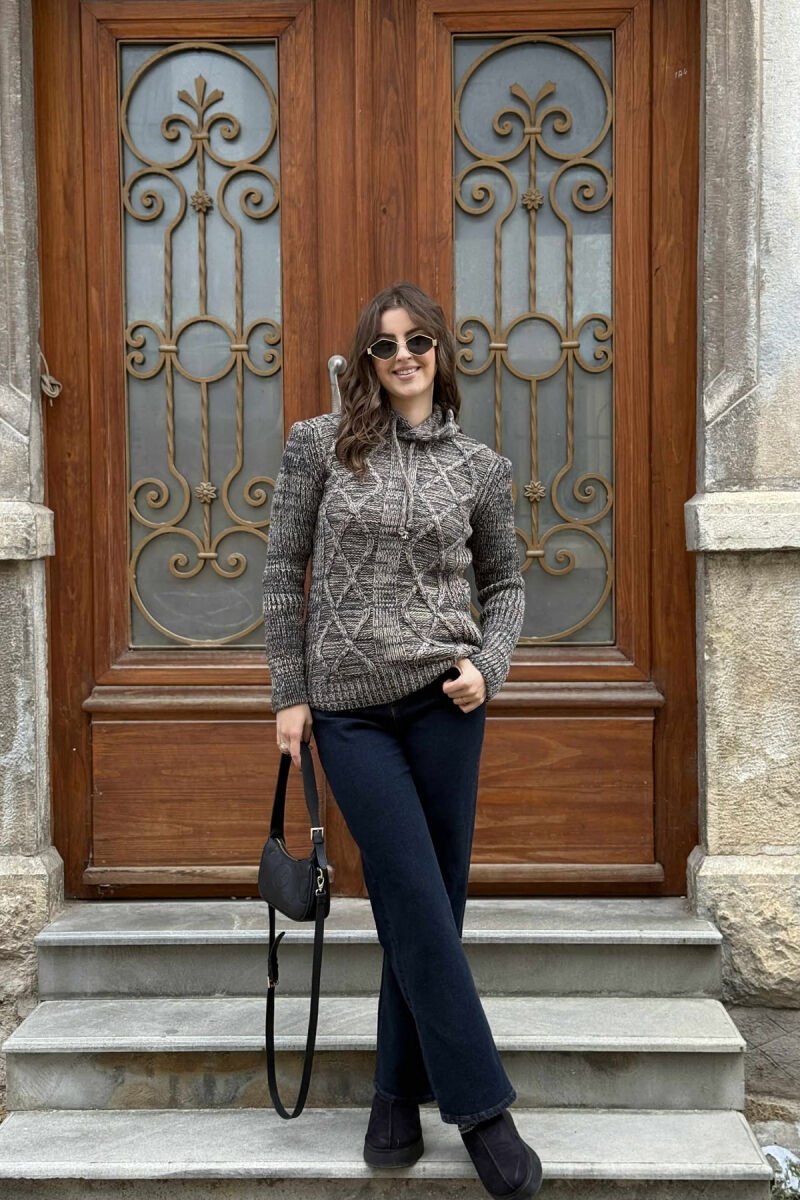 CABLE KNIT HODDIE WOWEN SWEATER DARK BEIGE/BEZHE ERRET - 1