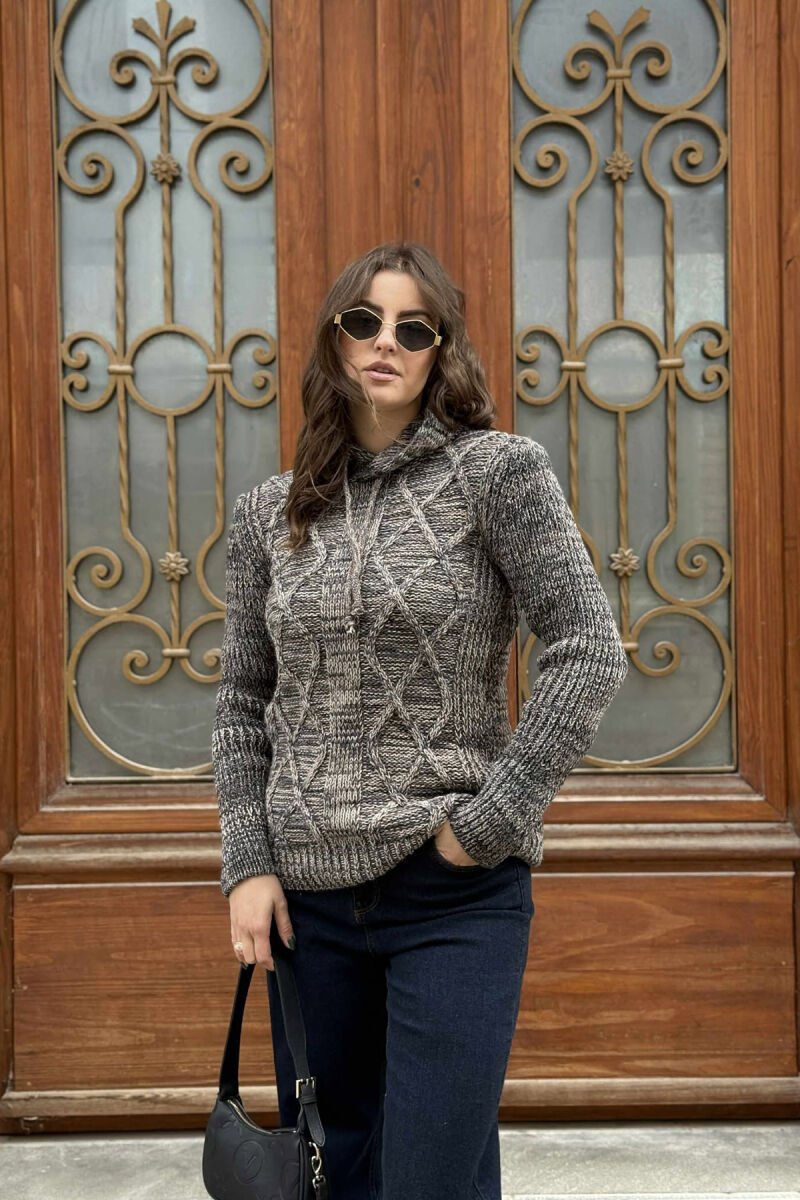 CABLE KNIT HODDIE WOWEN SWEATER DARK BEIGE/BEZHE ERRET - 4