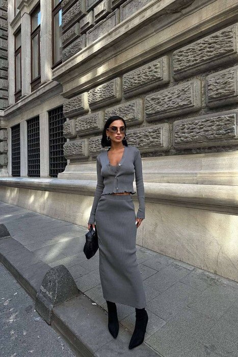 CARDIGAN +TANK+SKIRT ONE COLOR WOMAN SET GREY/GRI - KLAUDIO FASHION