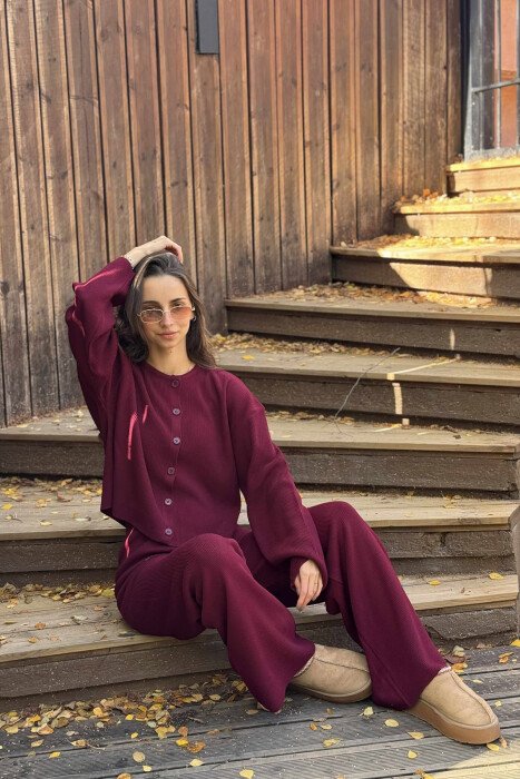 CARDIGAN+TROUSERS ONE COLOR SIMPLE WOMEN SET BURGUNDY/VISHNJE - 1