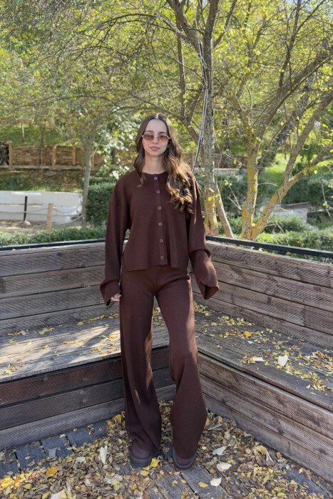 CARDIGAN+TROUSERS ONE COLOR SIMPLE WOMEN SET DARK BROWN/KAE - 1