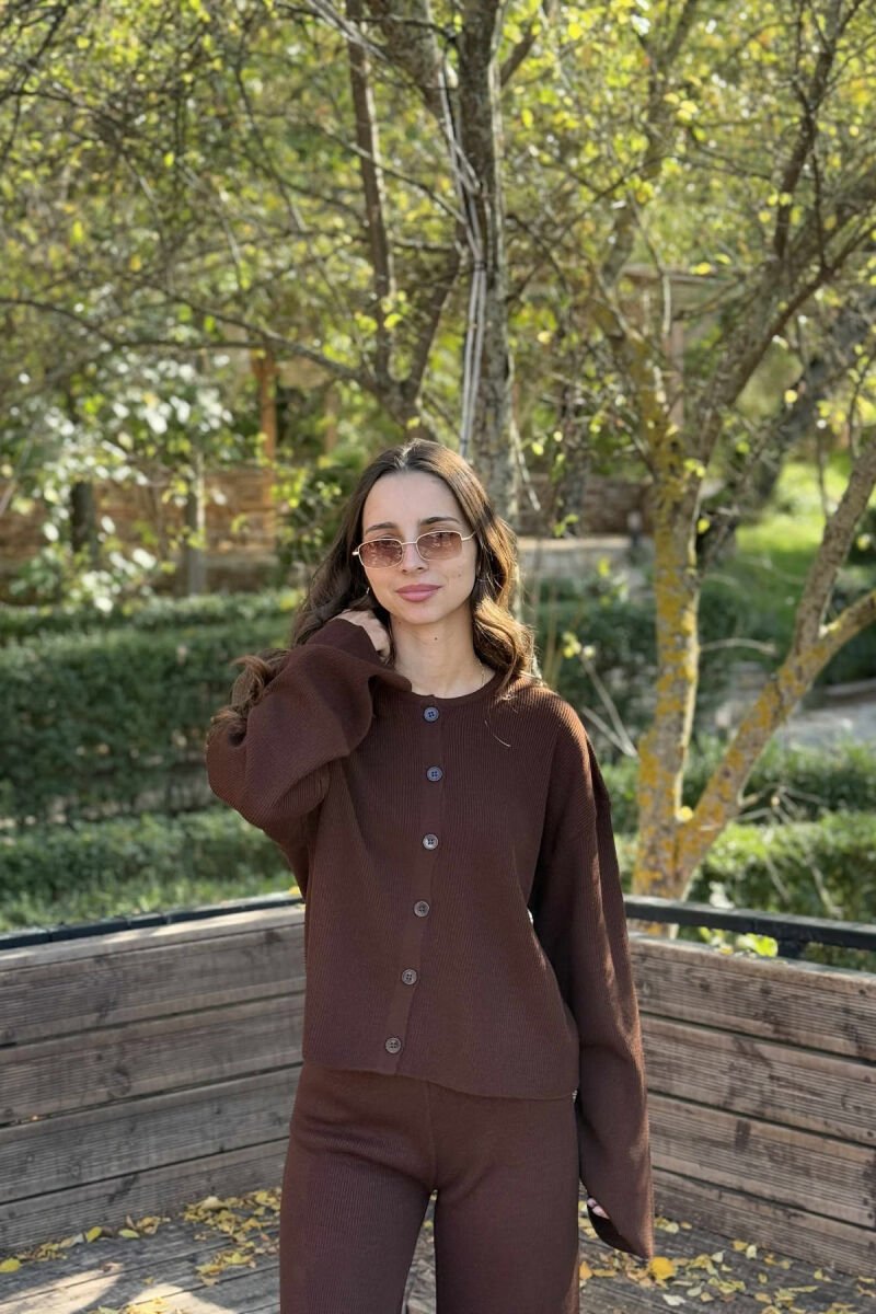 CARDIGAN+TROUSERS ONE COLOR SIMPLE WOMEN SET DARK BROWN/KAE - 3