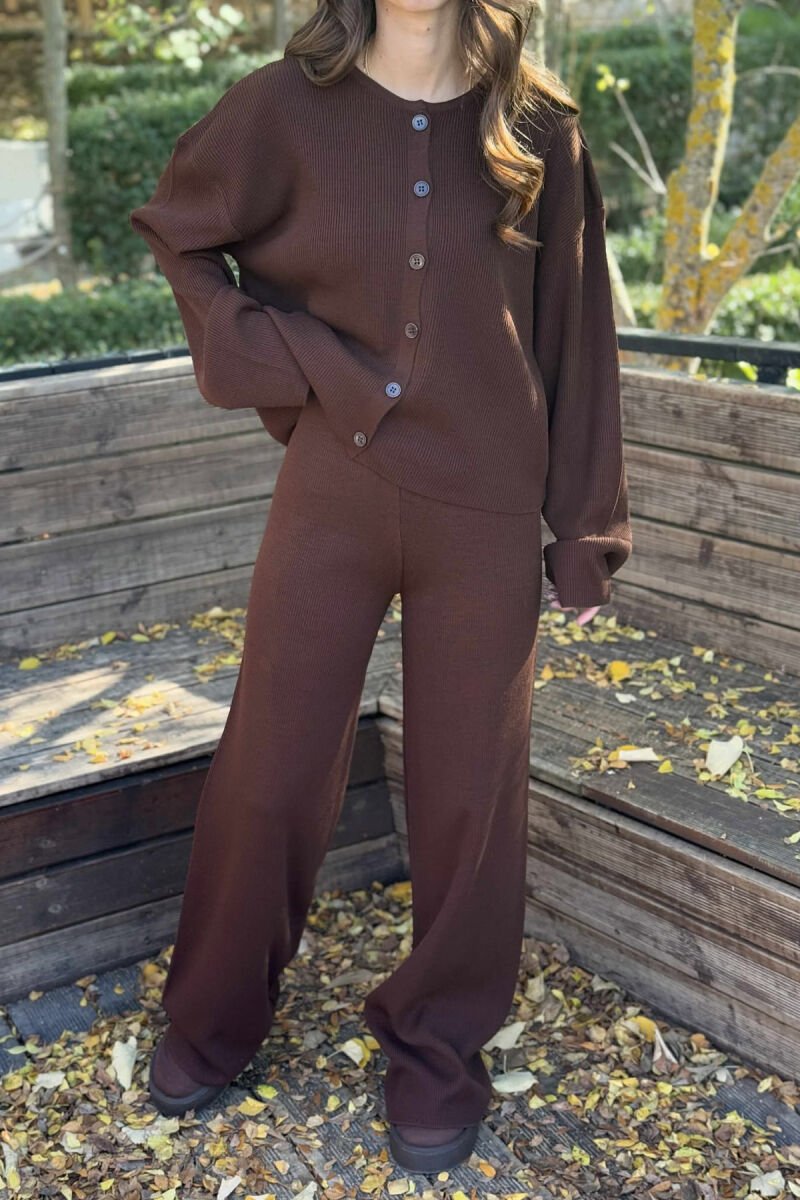 CARDIGAN+TROUSERS ONE COLOR SIMPLE WOMEN SET DARK BROWN/KAE - 5