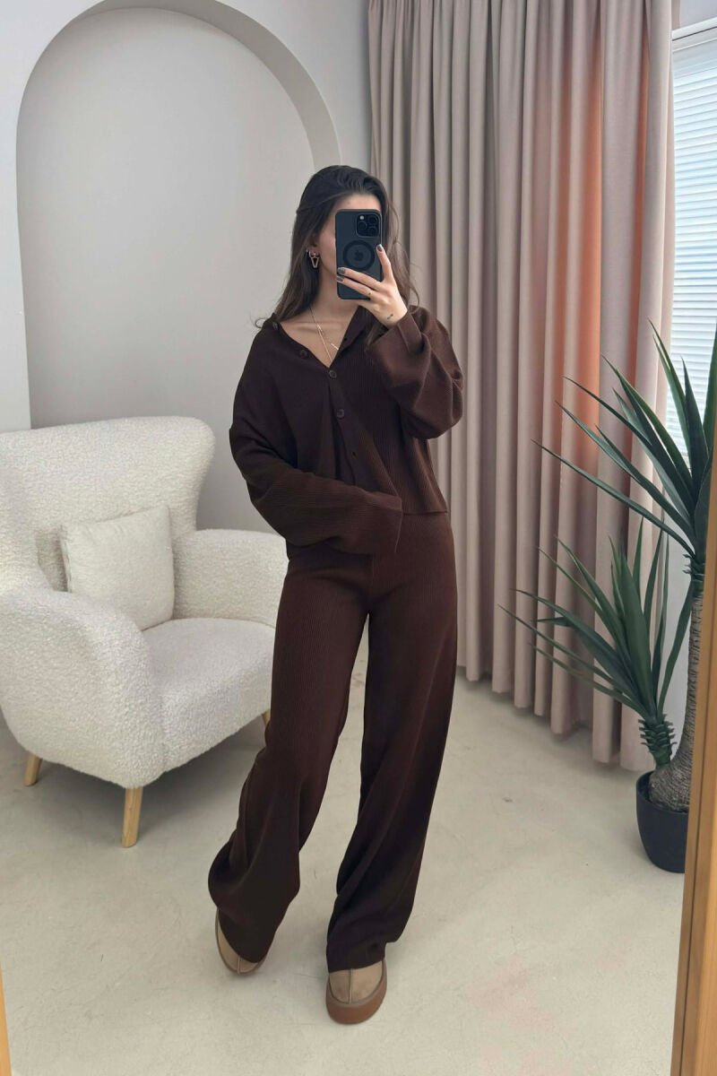 CARDIGAN+TROUSERS ONE COLOR SIMPLE WOMEN SET DARK BROWN/KAE - 4