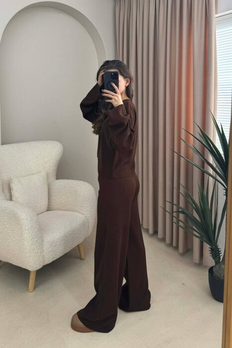 CARDIGAN+TROUSERS ONE COLOR SIMPLE WOMEN SET DARK BROWN/KAE - 6