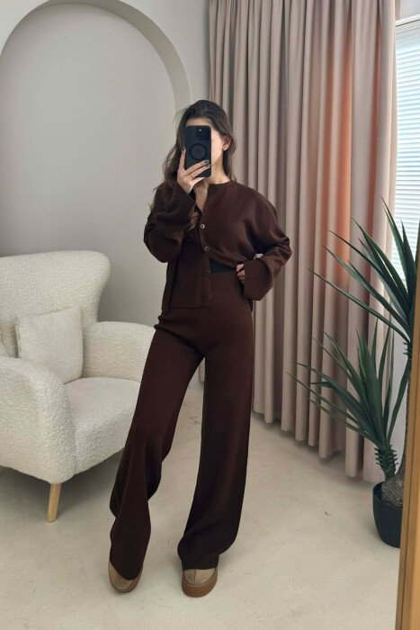 CARDIGAN+TROUSERS ONE COLOR SIMPLE WOMEN SET DARK BROWN/KAE - 8