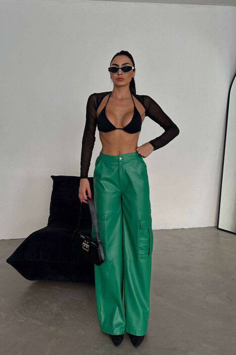 CARGO LEATHER WIDE LEG WOMAN TROUSERS GREEN/JESHILE - KLAUDIO FASHION