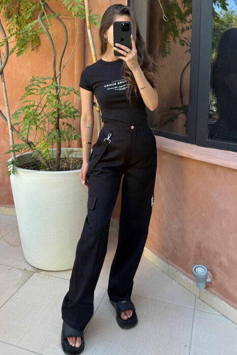 CARGO STYLE ONE COLOR WOMEN TROUSERS BLACK/ E ZEZE - 4