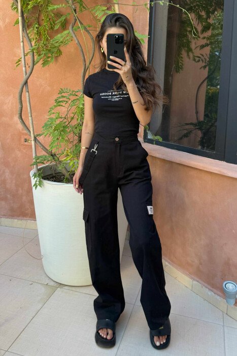 CARGO STYLE ONE COLOR WOMEN TROUSERS BLACK/ E ZEZE - 2