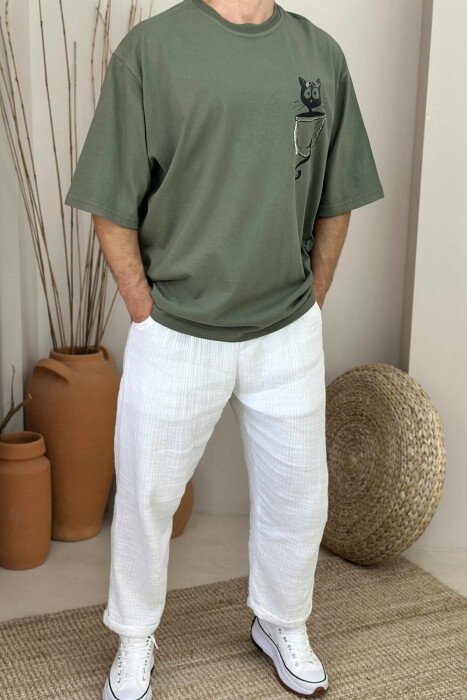 CAT IMAGE SIMPLE MEN T-SHIRT GREEN/JESHILE - 