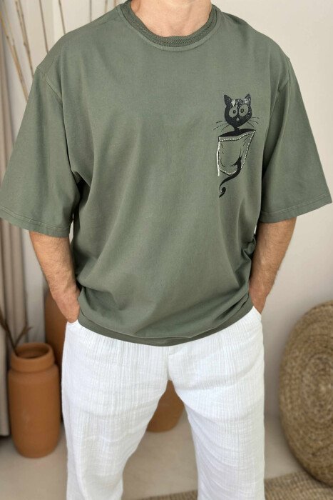 CAT IMAGE SIMPLE MEN T-SHIRT GREEN/JESHILE - 2