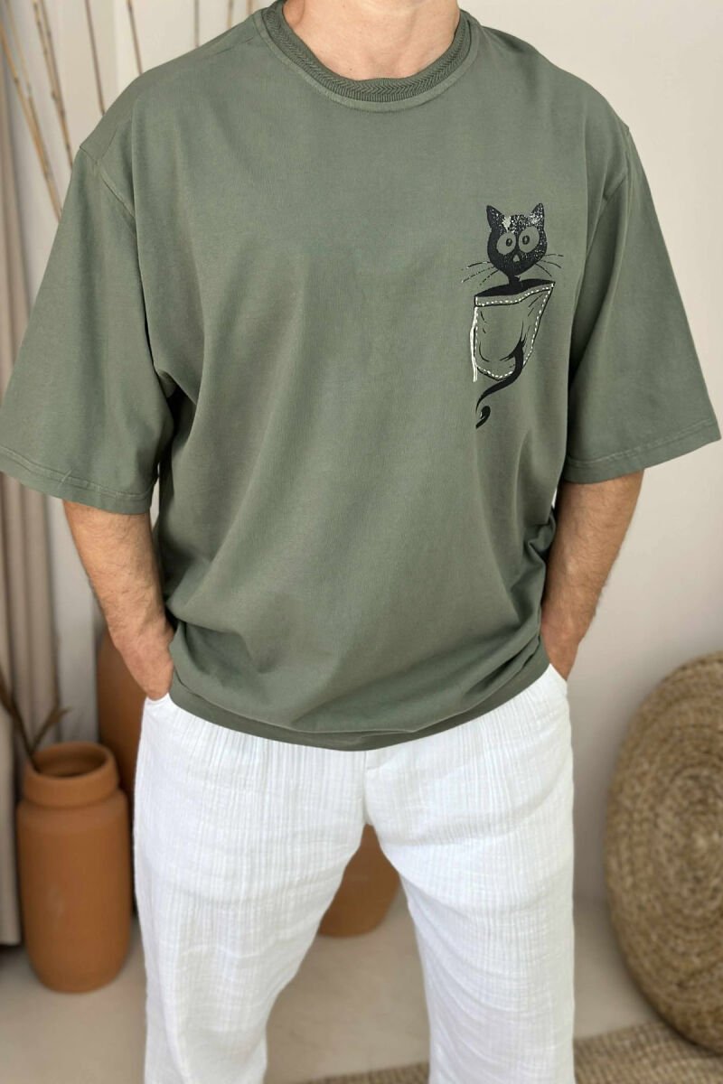 CAT IMAGE SIMPLE MEN T-SHIRT GREEN/JESHILE - 2