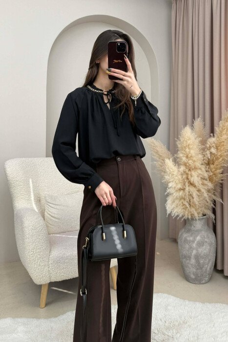 CHAIN DETAIL LACING ONE COLOR WOMEN SHIRT BLACK/ E ZEZE - 2