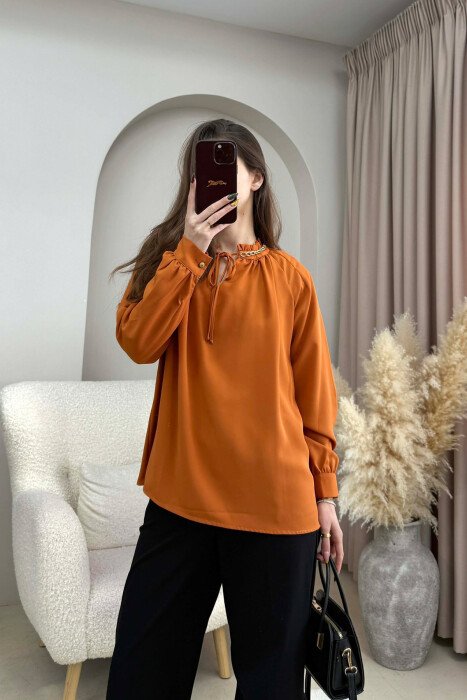 CHAIN DETAIL LACING ONE COLOR WOMEN SHIRT BRICK/TULLE 