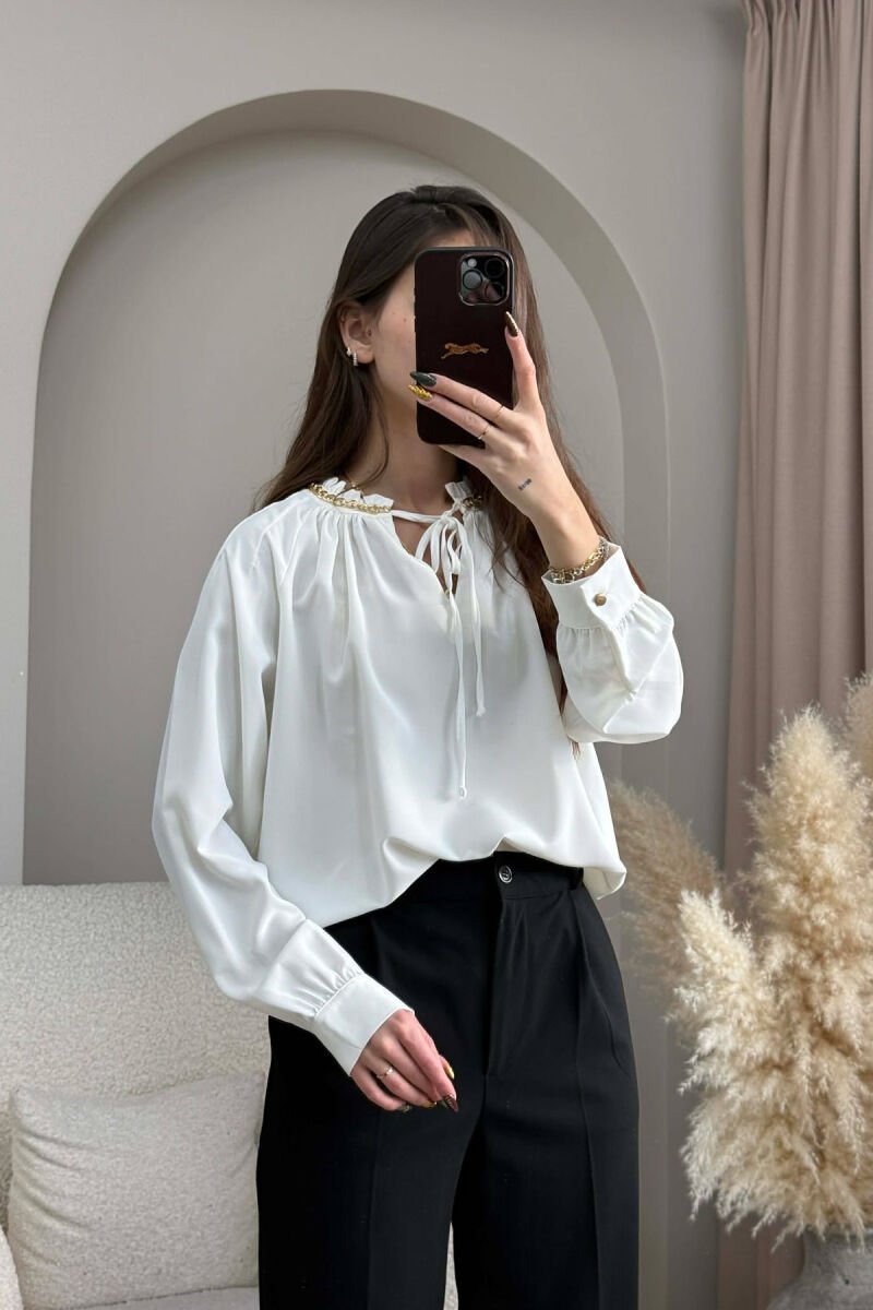 CHAIN DETAIL LACING ONE COLOR WOMEN SHIRT WHITE-E BARDHE - 1