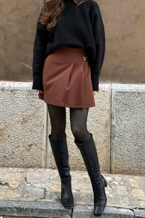 CHAIN DETAIL ONE COLOR WOMEN SKORT BROWN/KAFE - 4