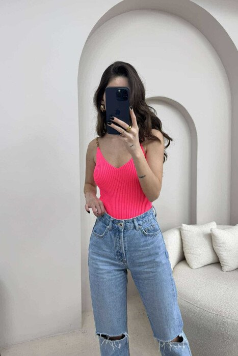 CHAIN DETAIL ONE COLOR WOMEN TANK TOP PINK/ROZE - 4