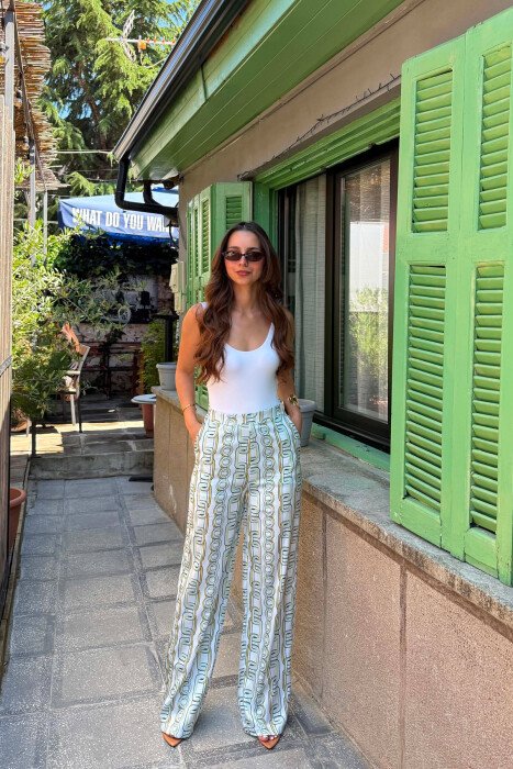 CHAINS DESIGN SEMI ELASTIC WAIST WOMEN TROUSERS MINT/MENTE - 4