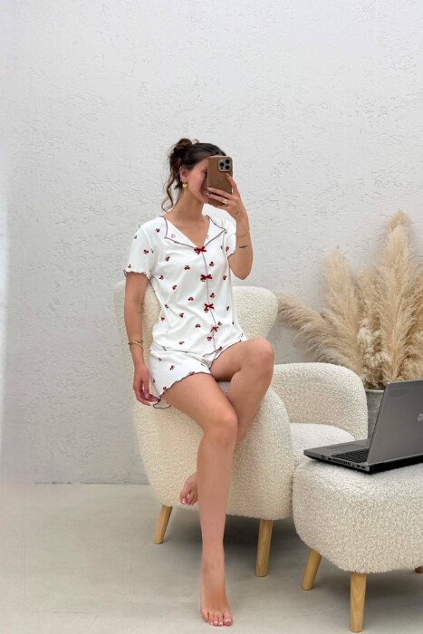 CHERRY DESIGN SHIRT + SHORTS WOMEN PYJAMAS WHITE-E BARDHE 