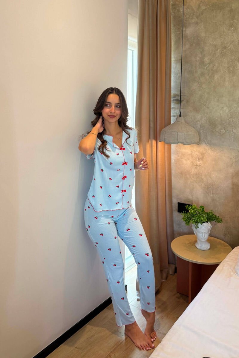 CHERRY DESIGN SHORT SLEEVE SHIRT+ SWEATPANTS WOMEN PYJAMAS LIGHTBLUE/BZ - 1