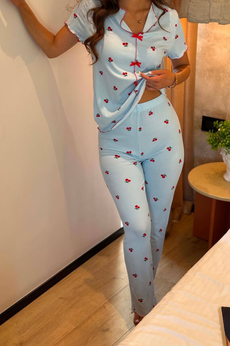 CHERRY DESIGN SHORT SLEEVE SHIRT+ SWEATPANTS WOMEN PYJAMAS LIGHTBLUE/BZ - 2