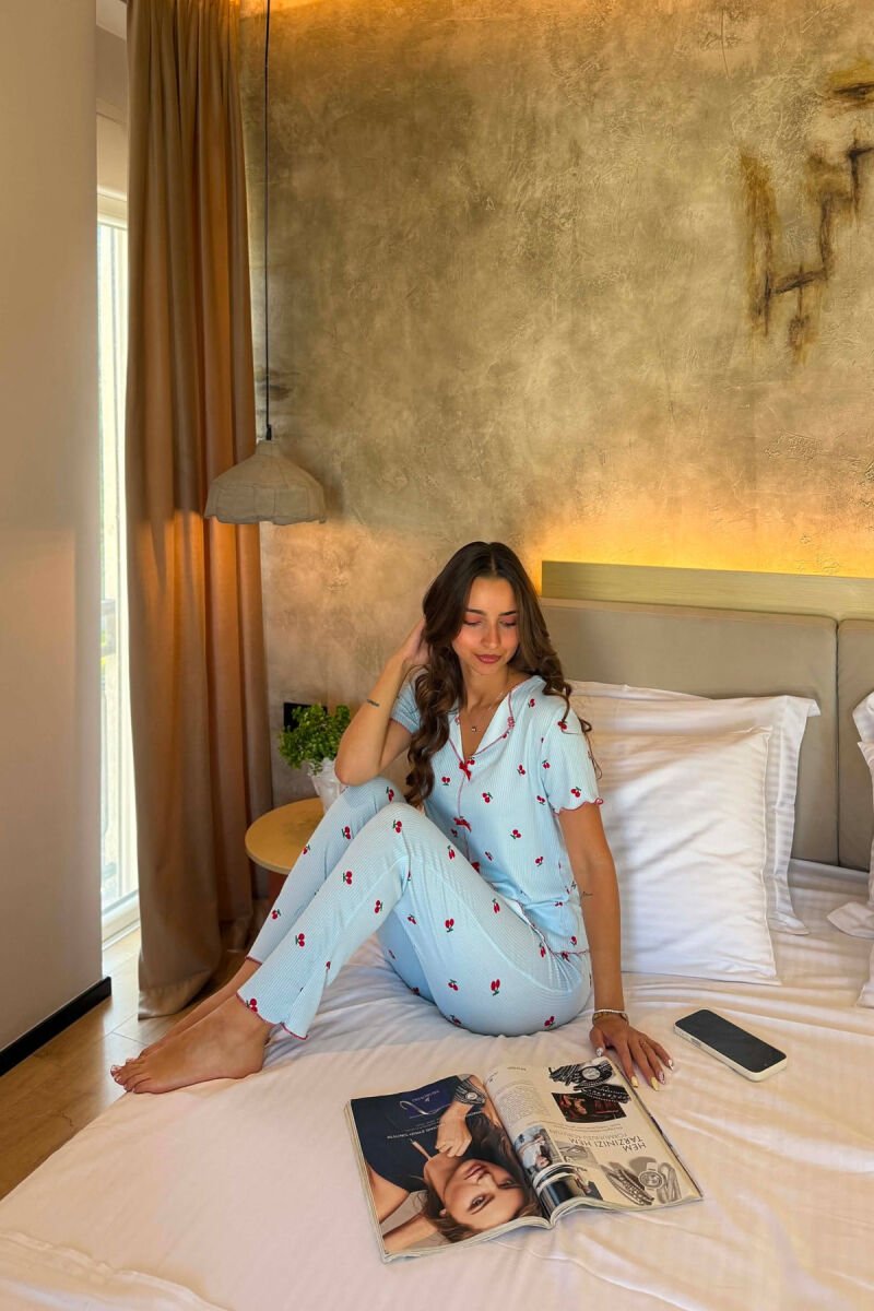 CHERRY DESIGN SHORT SLEEVE SHIRT+ SWEATPANTS WOMEN PYJAMAS LIGHTBLUE/BZ - 4
