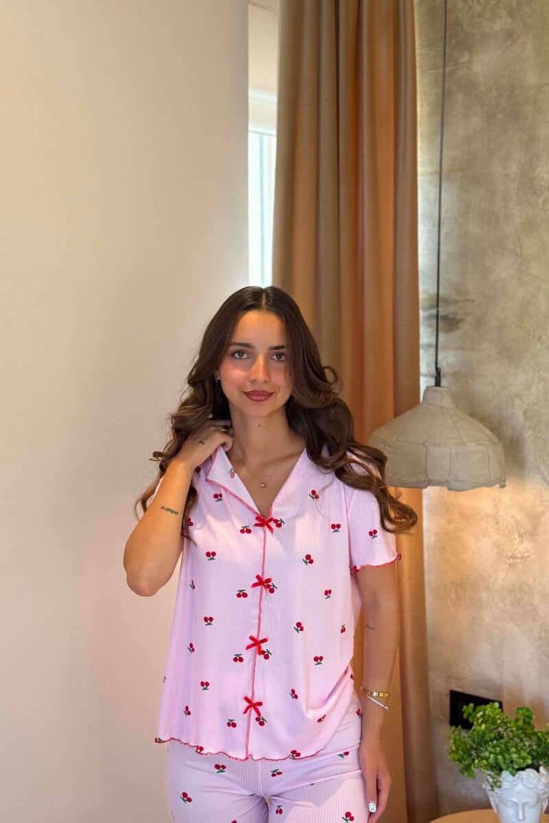 CHERRY DESIGN SHORT SLEEVE SHIRT+ SWEATPANTS WOMEN PYJAMAS PINK/ROZE - 2