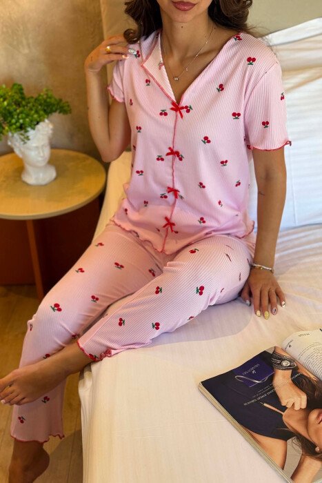 CHERRY DESIGN SHORT SLEEVE SHIRT+ SWEATPANTS WOMEN PYJAMAS PINK/ROZE - 4