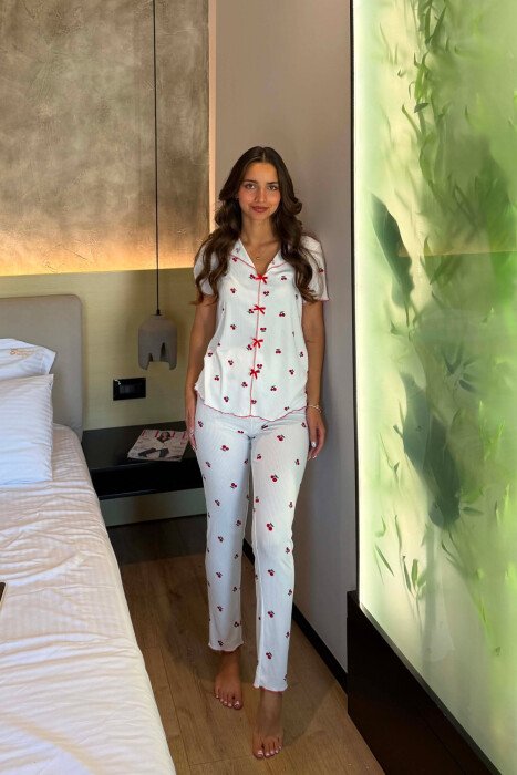 CHERRY DESIGN SHORT SLEEVE SHIRT+ SWEATPANTS WOMEN PYJAMAS WHITE-E BARDHE - KLAUDIO FASHION