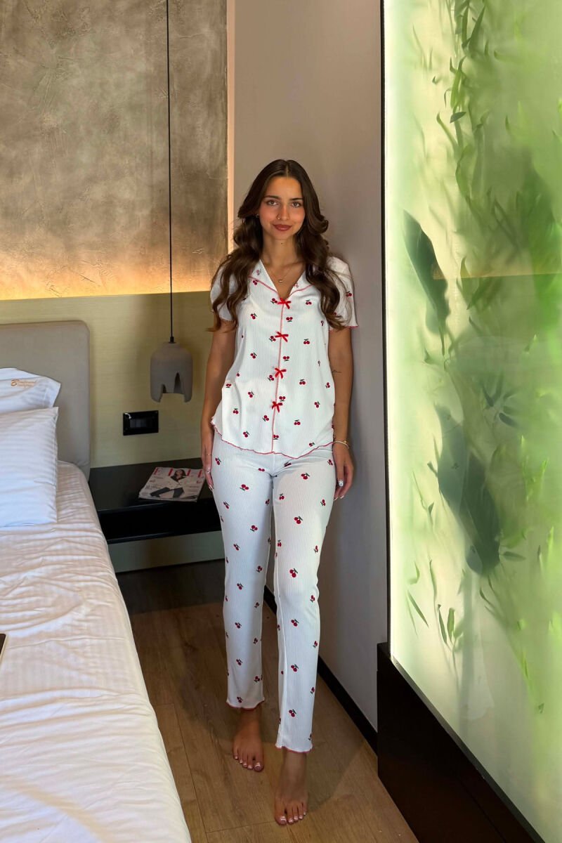 CHERRY DESIGN SHORT SLEEVE SHIRT+ SWEATPANTS WOMEN PYJAMAS WHITE-E BARDHE - 1