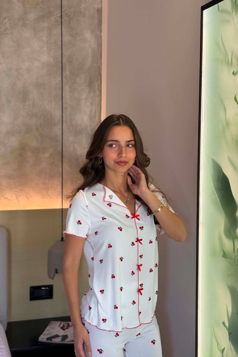 CHERRY DESIGN SHORT SLEEVE SHIRT+ SWEATPANTS WOMEN PYJAMAS WHITE-E BARDHE - 3