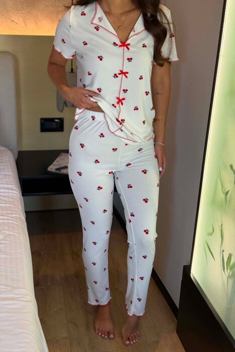 CHERRY DESIGN SHORT SLEEVE SHIRT+ SWEATPANTS WOMEN PYJAMAS WHITE-E BARDHE - 4