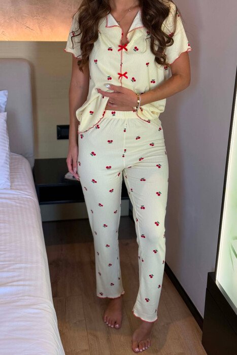 CHERRY DESIGN SHORT SLEEVE SHIRT+ SWEATPANTS WOMEN PYJAMAS YELLOW/E VERDHE - 3