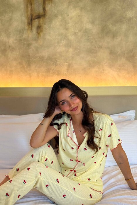 CHERRY DESIGN SHORT SLEEVE SHIRT+ SWEATPANTS WOMEN PYJAMAS YELLOW/E VERDHE - 5