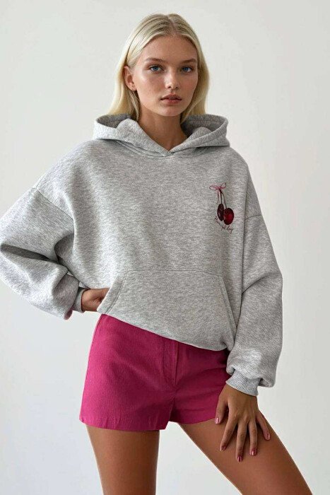 HOODIE ME DIZAJN ME QERSHI NË PJESËN PARA&MBRAPA PËR FEMRA NË NGJYRË GRI TË ZBARDHUR 