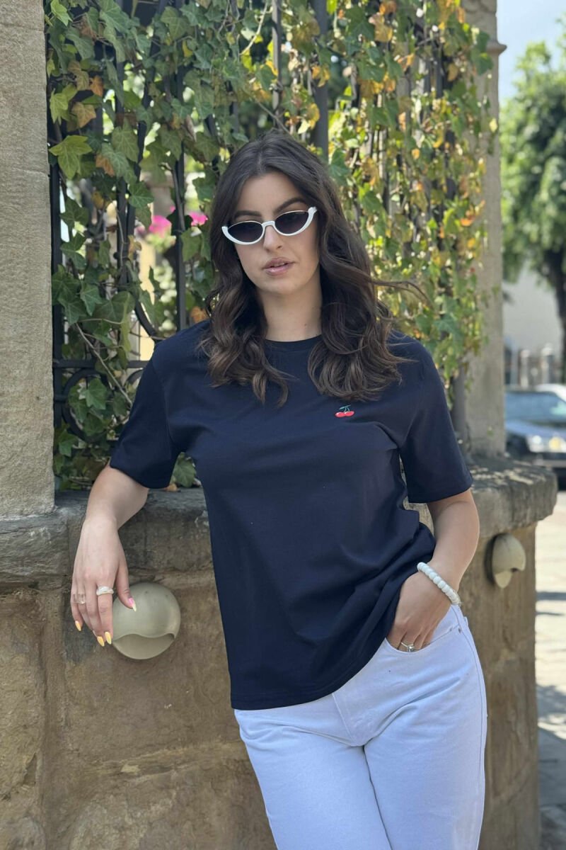 CHERRY LOGO ONE COLOR ROUND NECK WOMEN T-SHIRT DARK BLUE/BEE - 1