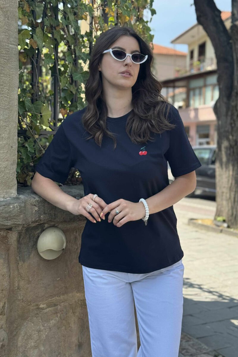 CHERRY LOGO ONE COLOR ROUND NECK WOMEN T-SHIRT DARK BLUE/BEE - 2