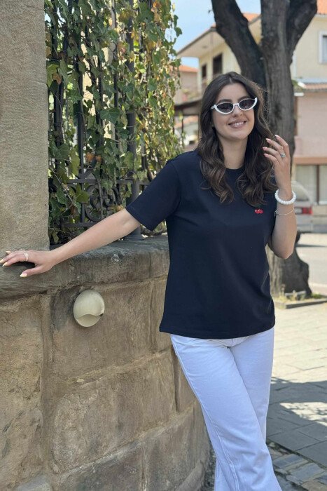 CHERRY LOGO ONE COLOR ROUND NECK WOMEN T-SHIRT DARK BLUE/BEE - 3