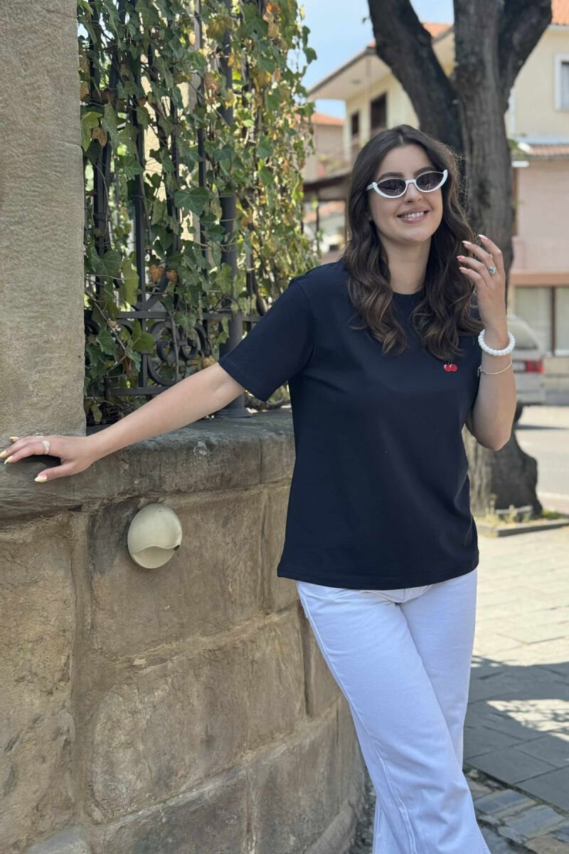 CHERRY LOGO ONE COLOR ROUND NECK WOMEN T-SHIRT DARK BLUE/BEE - 3